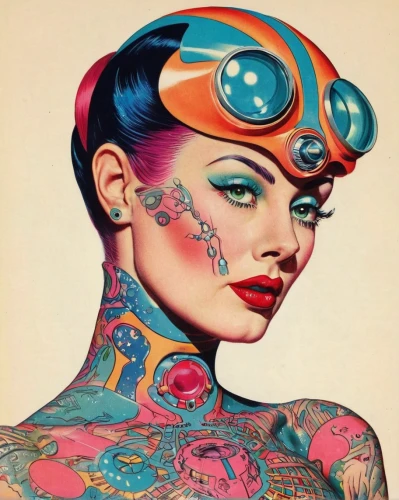 tattoo girl,watercolor pin up,psychedelic art,pin ups,body art,retro woman,retro women,vintage art,body painting,pop art woman,cool pop art,vintage illustration,bodypaint,pop art girl,vintage woman,retro girl,bodypainting,vintage women,vintage girl,painted lady,Conceptual Art,Sci-Fi,Sci-Fi 29