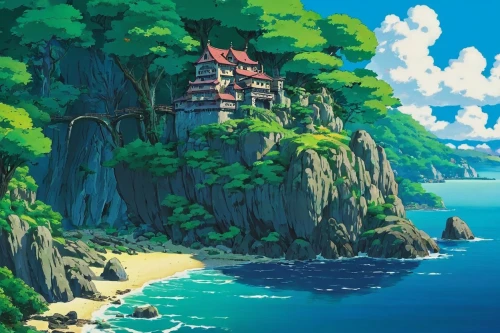 studio ghibli,seaside resort,peninsula,cliffs ocean,mountain beach,an island far away landscape,ocean view,island,seaside country,beach scenery,the island,isle,dream beach,the coast,sea-shore,beach landscape,meteora,gunkanjima,flying island,ocean,Art,Artistic Painting,Artistic Painting 35