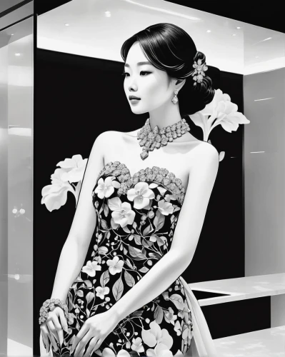 mt seolark,tiffany,elegance,kimjongilia,oriental princess,dress shop,elegant,miss vietnam,mannequin,model doll,geum,black and white photo,barbie doll,winner joy,floral dress,debutante,blackandwhite,vintage floral,color black and white,fashion doll,Illustration,Black and White,Black and White 31