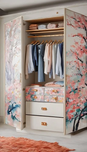 walk-in closet,japanese-style room,storage cabinet,floral japanese,sakura florals,wardrobe,armoire,room divider,dresser,closet,japanese cherry blossom,japanese cherry blossoms,cupboard,drawers,sakura blossoms,shoe cabinet,japanese floral background,china cabinet,peach blossom,cabinetry,Conceptual Art,Oil color,Oil Color 10