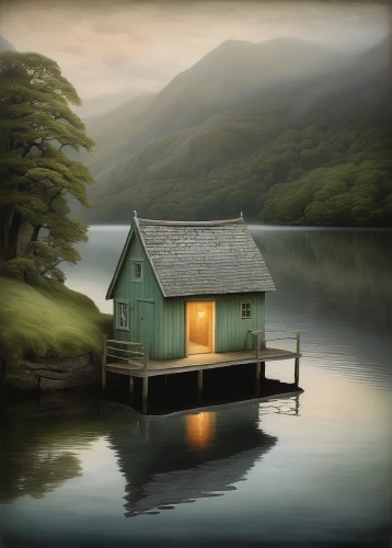 house with lake,boathouse,boat house,house by the water,floating huts,summer cottage,fisherman's house,fisherman's hut,cottage,boat shed,small cabin,houseboat,wooden hut,lonely house,wooden house,inverted cottage,home landscape,little house,summer house,small house,Illustration,Abstract Fantasy,Abstract Fantasy 06