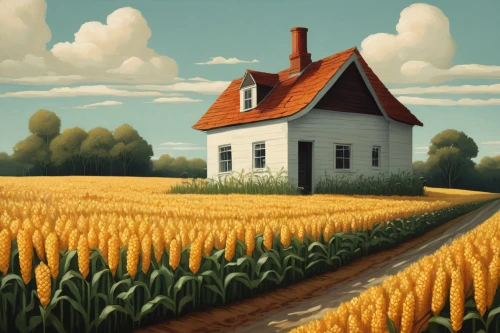 home landscape,lonely house,farm landscape,cornfield,grant wood,rural landscape,corn field,farm house,bed in the cornfield,little house,farmhouse,farm background,wheat field,country cottage,wheat fields,yellow grass,grain field,farmstead,small house,field of cereals,Illustration,Abstract Fantasy,Abstract Fantasy 02