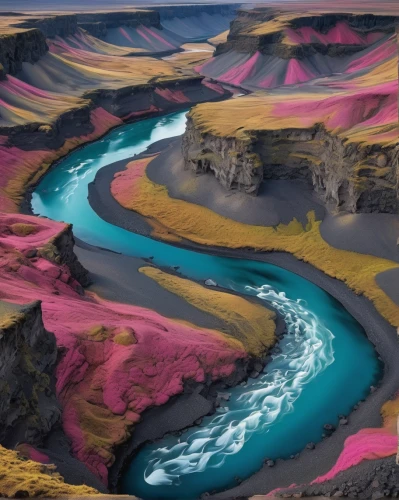 lava river,acid lake,braided river,volcanic landscape,river delta,colorful water,colorful grand prismatic spring,meanders,volcano pool,erosion,volcanic field,flowing water,geological phenomenon,river landscape,flowerful desert,tide pool,geothermal,yellowstone,yellowstone national park,aeolian landform,Conceptual Art,Fantasy,Fantasy 24