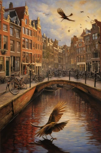 amsterdam,delft,dutch landscape,flemish,netherlands,canals,the netherlands,utrecht,holland,speicherstadt,groenendael,bird painting,groningen,bird migration,grand canal,oil painting on canvas,crane houses,de ville,dutch,city moat,Illustration,Realistic Fantasy,Realistic Fantasy 14