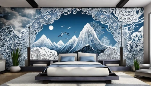 wall decoration,sleeping room,wall decor,wall sticker,wall art,duvet cover,wall painting,wall paint,nursery decoration,snowhotel,children's bedroom,modern decor,great room,fantasy art,blue room,interior design,painted wall,interior decoration,boho art,decorative art,Illustration,Black and White,Black and White 11