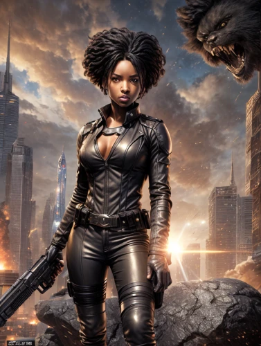 sci fiction illustration,digital compositing,black widow,black woman,heroic fantasy,black women,black city,ebony,female warrior,african american woman,huntress,afroamerican,cg artwork,maria bayo,afro-american,blade,woman strong,strong woman,afro american,black warrior