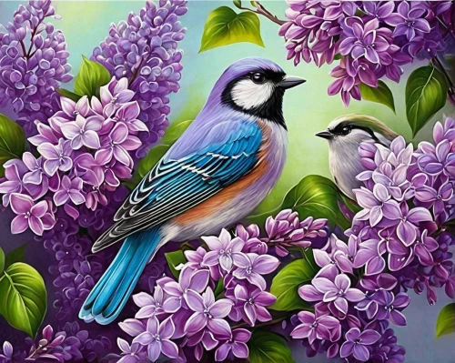 bird painting,blue birds and blossom,spring bird,flower and bird illustration,humming birds,the hummingbird hawk-purple,lilac breasted roller,jacaranda,hummingbirds,lilac-breasted roller,lilac tree,bird flower,floral and bird frame,hummingbird,nature bird,oil painting on canvas,colorful birds,springtime background,ornamental bird,tropical birds,Illustration,Abstract Fantasy,Abstract Fantasy 02