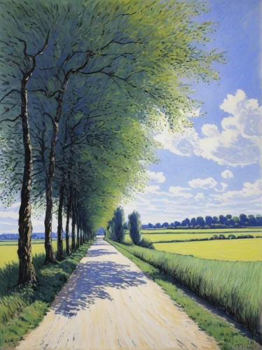 tree lined lane,groenendael,tree-lined avenue,dutch landscape,maple road,country road,forest road,rural landscape,row of trees,tree lined path,road,pathway,polder,roadway,copse,lane,crossroad,racing road,the road to the sea,birch alley,Illustration,Paper based,Paper Based 28