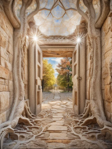 the threshold of the house,hall of the fallen,heaven gate,doorway,fantasy landscape,fantasy picture,empty tomb,world digital painting,church painting,ancient house,the mystical path,background with stones,genesis land in jerusalem,gateway,garden door,pathway,the door,mausoleum ruins,archway,ephesus