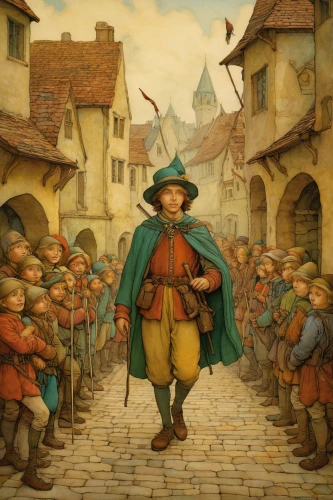 the pied piper of hamelin,pied piper,robin hood,hamelin,town crier,the wanderer,pilgrims,musketeer,pilgrim,pinocchio,bard,fairytale characters,eulenspiegel,fairy tale character,children's fairy tale,geppetto,jrr tolkien,knight village,medieval street,coachman,Illustration,Retro,Retro 19