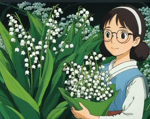 lily of the field,studio ghibli,lilly of the valley,lily of the valley,lilies of the valley,marguerite,blooming grass,lily of the desert,flowers of the field,flower broom,grass blossom,gypsophila,girl picking flowers,picking flowers,jasmine blossom,forget-me-not,mayweed,night-blooming jasmine,wild jasmine,girl in flowers,Illustration,Japanese style,Japanese Style 14
