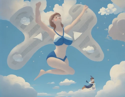 flying girl,swimmer,flying trapeze,swimming people,weightless,summer sky,skydiver,one-piece swimsuit,sky,cloud play,kitesurfer,float,sci fiction illustration,female swimmer,blue sky and white clouds,siren,parachutist,aerialist,world digital painting,blue sky and clouds,Game&Anime,Doodle,Fairy Tale Illustrations