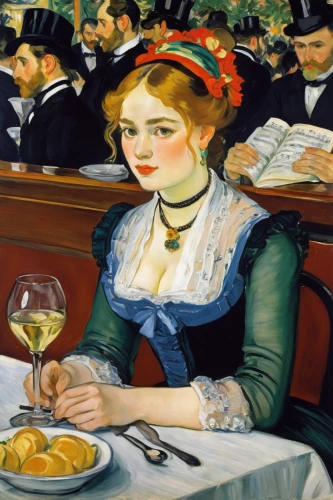 woman at cafe,apéritif,woman holding pie,barmaid,girl with cereal bowl,bistrot,woman drinking coffee,woman with ice-cream,viennese cuisine,aperitif,stemware,women at cafe,martini,drinking establishment,woman eating apple,bistro,absinthe,fine dining restaurant,bartender,waiting staff,Illustration,Paper based,Paper Based 10
