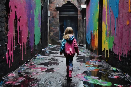 girl walking away,street chalk,graffiti,alley,colorful city,alleyway,graffiti art,color wall,little girl running,little girls walking,colorful background,little girl with umbrella,colorful life,fallen colorful,urban street art,urban art,chalk drawing,urban,intense colours,color,Conceptual Art,Graffiti Art,Graffiti Art 08