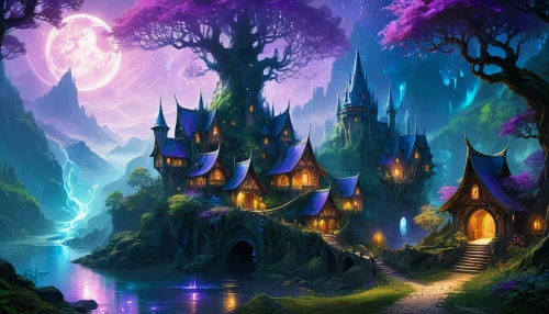 fairy tale castle,fantasy landscape,fairy village,fairytale castle,fairy world,fantasy picture,enchanted forest,fairy forest,fantasy world,fantasy city,fairytale forest,witch's house,purple landscape,3d fantasy,fantasy art,fairy tale,fairy house,a fairy tale,elven forest,children's fairy tale,Conceptual Art,Fantasy,Fantasy 05