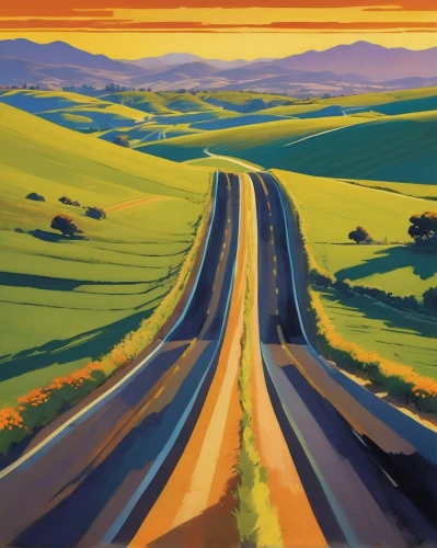 rolling hills,open road,highway,winding roads,mountain road,the road,roads,vanishing point,long road,road,mountain highway,highway 1,country road,winding road,fork road,sonoma,namib,travel poster,prairie,hills,Illustration,Retro,Retro 12