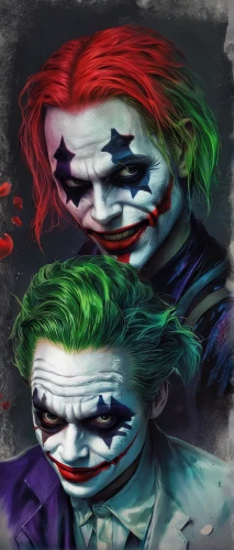 joker,clowns,comic characters,jigsaw,split personality,superhero background,individuals,personages,game characters,it,comedy tragedy masks,cg artwork,clown,world digital painting,john doe,ledger,fan art,supervillain,creepy clown,photoshop manipulation,Illustration,Abstract Fantasy,Abstract Fantasy 18