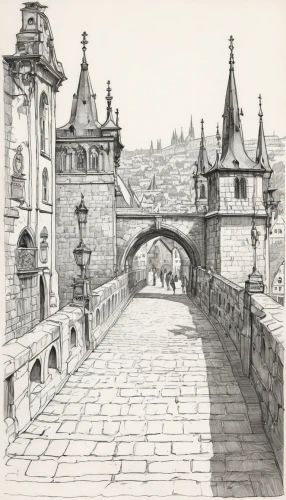 charles bridge,prague castle,city walls,hohenzollern bridge,prague,city gate,bamberg,archway,dresden,würzburg,medieval street,nuremberg,kremlin,new-ulm,city wall,the cobbled streets,buttress,castle iron market,goslar,old city,Illustration,Black and White,Black and White 13