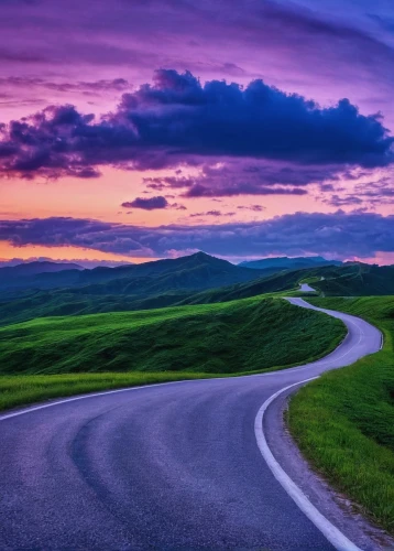 purple landscape,winding road,winding roads,the road,open road,long road,mountain road,mountain highway,country road,roads,road to nowhere,road,beautiful landscape,landscape photography,road of the impossible,rolling hills,landscapes beautiful,landscape background,dirt road,the road to the sea,Illustration,Paper based,Paper Based 10