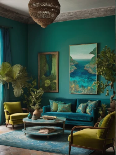 sitting room,blue room,color turquoise,livingroom,living room,turquoise leather,interior decor,mid century modern,turquoise,turquoise wool,apartment lounge,interior design,majorelle blue,aquarium decor,chaise lounge,modern decor,interior decoration,teal blue asia,great room,mid century house,Illustration,Realistic Fantasy,Realistic Fantasy 05