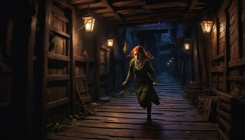 merida,game illustration,clary,apothecary,hobbiton,old linden alley,wander,alleyway,sci fiction illustration,wooden path,witch's house,the threshold of the house,girl walking away,lamplighter,cg artwork,digital painting,woman walking,world digital painting,narrow street,threshold,Illustration,Realistic Fantasy,Realistic Fantasy 41