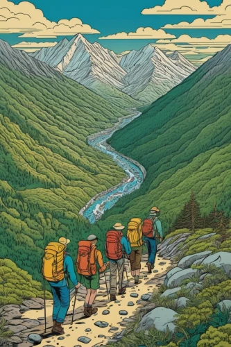 travelers,backpacking,digital nomads,pilgrims,hikers,fjäll,appalachian trail,hiking equipment,moc chau hill,campsite,campers,travel trailer poster,nomads,patagonia,hiker,caravan,camping tents,trekking poles,traveler,traveller,Illustration,American Style,American Style 15