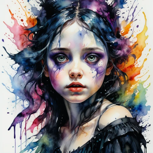 mystical portrait of a girl,faery,fae,fantasy portrait,faerie,watercolor paint,fantasy art,the enchantress,splintered,watercolor pencils,watercolor,watercolor paint strokes,watercolor painting,boho art,la violetta,girl portrait,fairy queen,painted lady,digital artwork,unicorn art,Illustration,Paper based,Paper Based 20