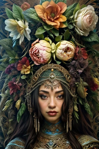 girl in a wreath,wreath of flowers,asian costume,iranian nowruz,fantasy portrait,novruz,inner mongolian beauty,jaya,floral wreath,headdress,girl in flowers,flora,the enchantress,rose wreath,elven flower,artemisia,warrior woman,golden wreath,pachamama,mulan