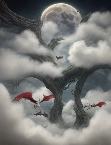 fantasy picture,fairies aloft,elves flight,fantasy art,flying seeds,flying birds,fantasy landscape,fall from the clouds,world digital painting,dream world,dreamland,flying seed,3d fantasy,birds on a branch,birds on branch,flying girl,children's fairy tale,heroic fantasy,moon in the clouds,photo manipulation,Game Scene Design,Game Scene Design,Chinese Martial Arts Fantasy