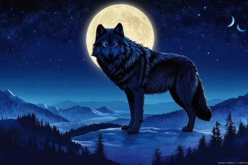 howling wolf,constellation wolf,howl,european wolf,gray wolf,wolfdog,blue moon,wolf,werewolves,werewolf,wolves,full moon,canis lupus,black shepherd,moonlit night,night watch,king shepherd,two wolves,canidae,full moon day,Illustration,Retro,Retro 17
