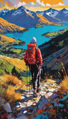 hiker,mountain guide,nz,patagonia,skier,ski touring,new zealand,trekking poles,lake district,tekapo,painting technique,alpine crossing,trekking pole,the descent to the lake,south island,skiing,hikers,trekking,carretera austral,ski mountaineering,Conceptual Art,Oil color,Oil Color 07