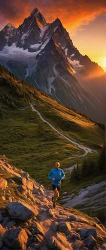 alpine sunset,alpine crossing,eiger mountain,ultramarathon,alpine route,mountain sunrise,grossglockner,eiger,bernese alps,ortler,high alps,breithorn,alpine climbing,trail running,run uphill,schilthorn,watzmann,the spirit of the mountains,swiss alps,weisshorn,Illustration,Realistic Fantasy,Realistic Fantasy 32