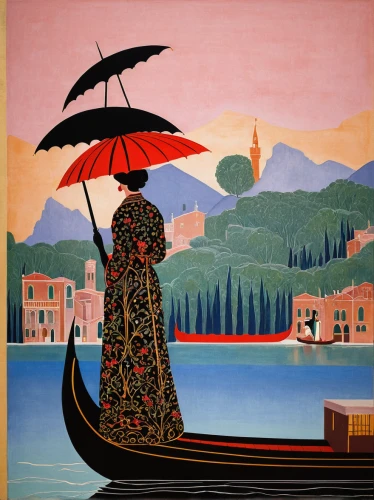 gondolier,the carnival of venice,man with umbrella,gondolas,gondola,khokhloma painting,woman with ice-cream,david bates,oriental painting,orientalism,diving gondola,art deco woman,italian painter,summer umbrella,girl on the boat,indian art,portofino,villa balbianello,japanese umbrellas,lily of the nile,Illustration,Retro,Retro 26