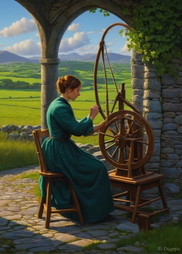 girl with a wheel,celtic harp,woman playing,woman at the well,idyll,merida,basket weaver,scythe,clockmaker,hobbiton,potter's wheel,wind finder,fantasy picture,celtic queen,fantasy portrait,peddler,rim of wheel,world digital painting,basket maker,meticulous painting,Illustration,Realistic Fantasy,Realistic Fantasy 27