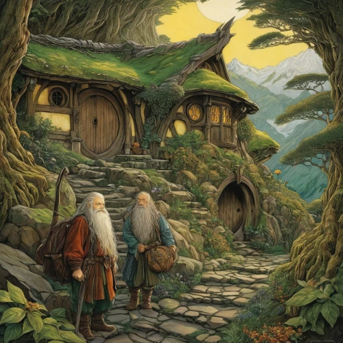 hobbit,hobbiton,jrr tolkien,druid grove,ancient house,fairy village,mountain settlement,villagers,alpine village,dwarves,mountain village,elves,witch's house,tavern,the threshold of the house,knight village,home landscape,fantasy picture,game illustration,aurora village,Illustration,Japanese style,Japanese Style 18