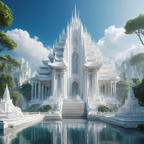 white temple,ice castle,temple fade,marble palace,temples,3d fantasy,water palace,fractal environment,fantasy city,ancient city,imperial shores,fantasy landscape,palace,fantasy world,water castle,utopian,kingdom,fountain,temple,fantasy picture,Photography,General,Natural