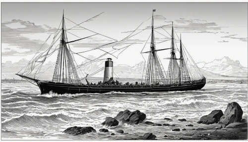 baltimore clipper,caravel,sloop-of-war,wherry,barquentine,full-rigged ship,sailing vessel,sea sailing ship,windjammer,trireme,three masted sailing ship,sail ship,barque,east indiaman,steam frigate,rescue and salvage ship,minelayer,schooner,old ship,tallship,Illustration,Black and White,Black and White 04