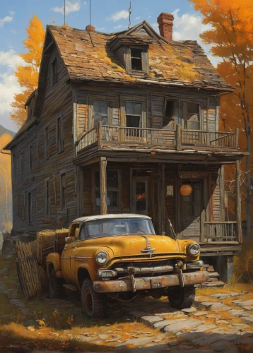 old house,old home,homestead,station wagon-station wagon,fall landscape,aronde,one autumn afternoon,house painting,home landscape,country cottage,autumn landscape,farmstead,autumn idyll,steve medlin,country hotel,lonely house,abandoned car,ancient house,country house,cottage,Illustration,Realistic Fantasy,Realistic Fantasy 28