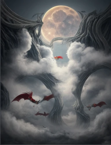 fantasy picture,fantasy art,moon in the clouds,fairies aloft,flying birds,thunderclouds,nine-tailed,heaven and hell,the night of kupala,elves flight,fall from the clouds,hanging moon,fantasy landscape,dragons,dream world,heroic fantasy,birds flying,murder of crows,flying seeds,cloud mountains,Game Scene Design,Game Scene Design,Chinese Martial Arts Fantasy