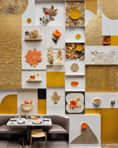 flower wall en,autumn decor,gold wall,autumn decoration,honeycomb grid,yellow wallpaper,cork wall,food collage,wall decoration,honeycomb stone,seasonal autumn decoration,gold foil shapes,cork board,wall plaster,stucco wall,autumn theme,autumn pattern,wall decor,interior decoration,wall panel,Unique,Paper Cuts,Paper Cuts 06