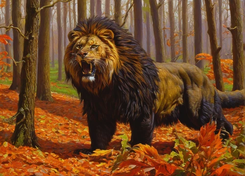 forest king lion,panthera leo,male lion,king of the jungle,landseer,african lion,lion,forest animal,female lion,male lions,sussex spaniel,lion father,woodland animals,skeezy lion,canidae,fall animals,irish setter,chestnut tiger,oil painting on canvas,lion number,Illustration,Realistic Fantasy,Realistic Fantasy 03