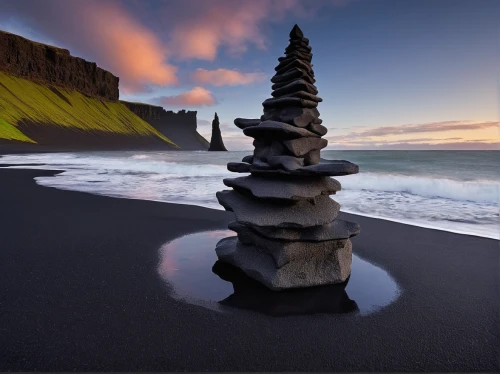eastern iceland,black sand,stacked rocks,sea stack,iceland,stacked rock,chalk stack,rock stacking,stone balancing,volcanic landscape,stacked stones,art forms in nature,stack of stones,rock formation,stacking stones,seljalandsfoss,rock erosion,zen rocks,kirkjufell,rock balancing,Conceptual Art,Daily,Daily 27