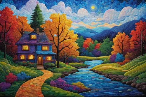 fall landscape,autumn landscape,home landscape,cottage,aurora village,house in mountains,house in the forest,art painting,oil painting on canvas,summer cottage,autumn idyll,autumn mountains,motif,forest landscape,painting technique,mountain village,house in the mountains,purple landscape,autumn background,house with lake,Illustration,Realistic Fantasy,Realistic Fantasy 27