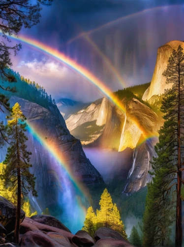 rainbow bridge,yosemite park,yosemite,rainbow background,moonbow,rainbow and stars,yosemite national park,fantasy landscape,landscape background,half dome,rainbow clouds,atmospheric phenomenon,mists over prismatic,rainbow colors,fantasy picture,beautiful landscape,half-dome,yosemite valley,natural phenomenon,double rainbow,Illustration,Realistic Fantasy,Realistic Fantasy 37