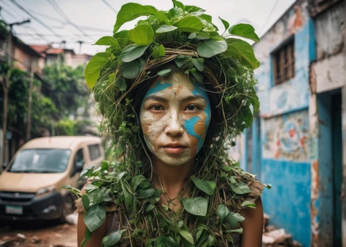 girl in a wreath,dryad,vietnamese woman,vietnam,environmental art,green congo,hanoi,mother earth,mystical portrait of a girl,avatar,the festival of colors,leaf vegetable,plant and roots,anahata,poison ivy,mother nature,pachamama,green waste,girl with tree,green wreath,Conceptual Art,Graffiti Art,Graffiti Art 04