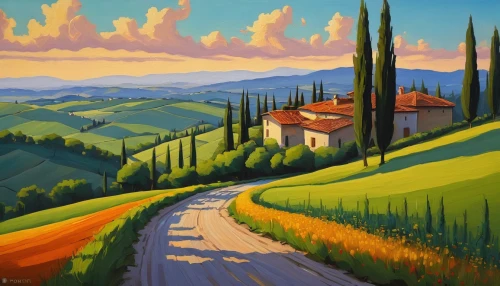 tuscan,tuscany,home landscape,italian painter,rural landscape,volterra,campagna,panoramic landscape,landscape,provence,farm landscape,piemonte,rolling hills,italy,high landscape,italia,landscape background,carol colman,green landscape,oil painting on canvas,Illustration,Vector,Vector 05
