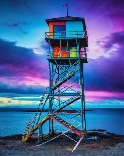 lifeguard tower,lookout tower,busselton,fire tower,observation tower,petit minou lighthouse,electric lighthouse,saturated colors,light house,colorful light,watchtower,beach hut,lighthouse,port melbourne,stilt house,diving bell,intense colours,indiana dunes state park,lifeguard,colorful water,Illustration,Realistic Fantasy,Realistic Fantasy 20