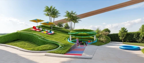 playground slide,play area,children's playground,play yard,outdoor play equipment,water park,mini golf course,climbing garden,3d rendering,playground,artificial grass,playset,mini-golf,flying island,dubai miracle garden,slide,holiday complex,golf resort,resort,play tower,Landscape,Landscape design,Landscape space types,Outdoor Children's Activity Spaces