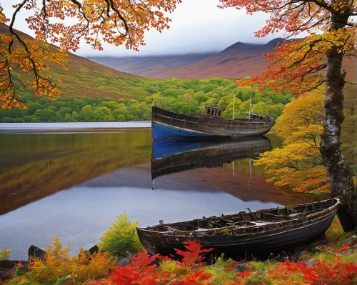 boat landscape,autumn landscape,fall landscape,autumn scenery,autumn idyll,wooden boat,colors of autumn,autumn background,autumn mountains,wooden boats,scottish highlands,loch,canoes,autumn in japan,beautiful lake,beautiful landscape,row boat,canoeing,rowing boat,landscapes beautiful,Illustration,Abstract Fantasy,Abstract Fantasy 15