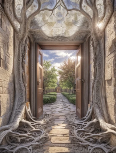 the threshold of the house,dandelion hall,hall of the fallen,doorway,wood gate,garden door,fantasy picture,fairy tale castle,pathway,hallway,courtyard,the mystical path,3d fantasy,house entrance,tree of life,ghost castle,fantasy landscape,the door,wooden door,ancient house